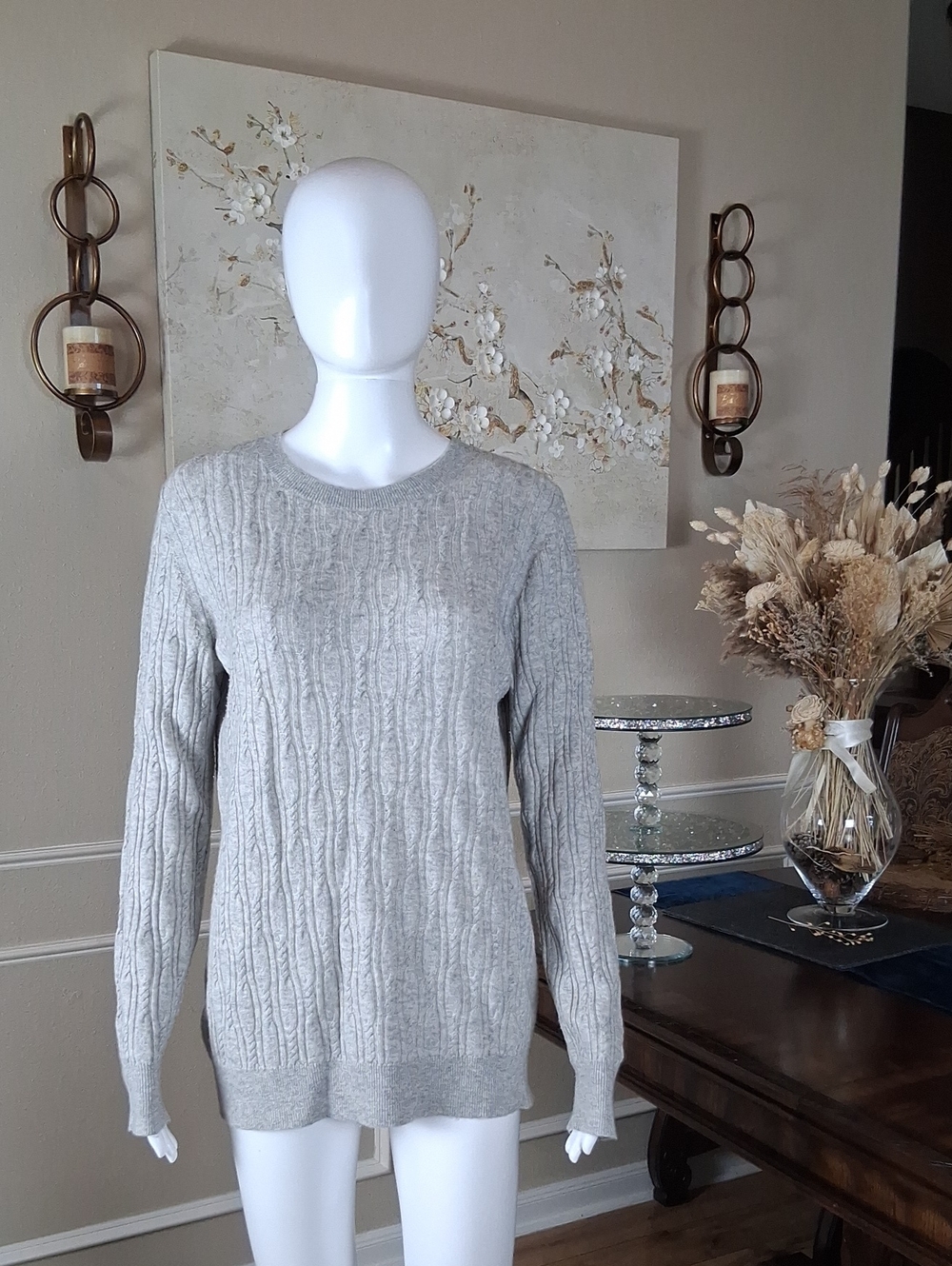 Women's Cable-Knit Crewneck Light Gray Merino Cashemere Blend Large - Picture 11 of 17